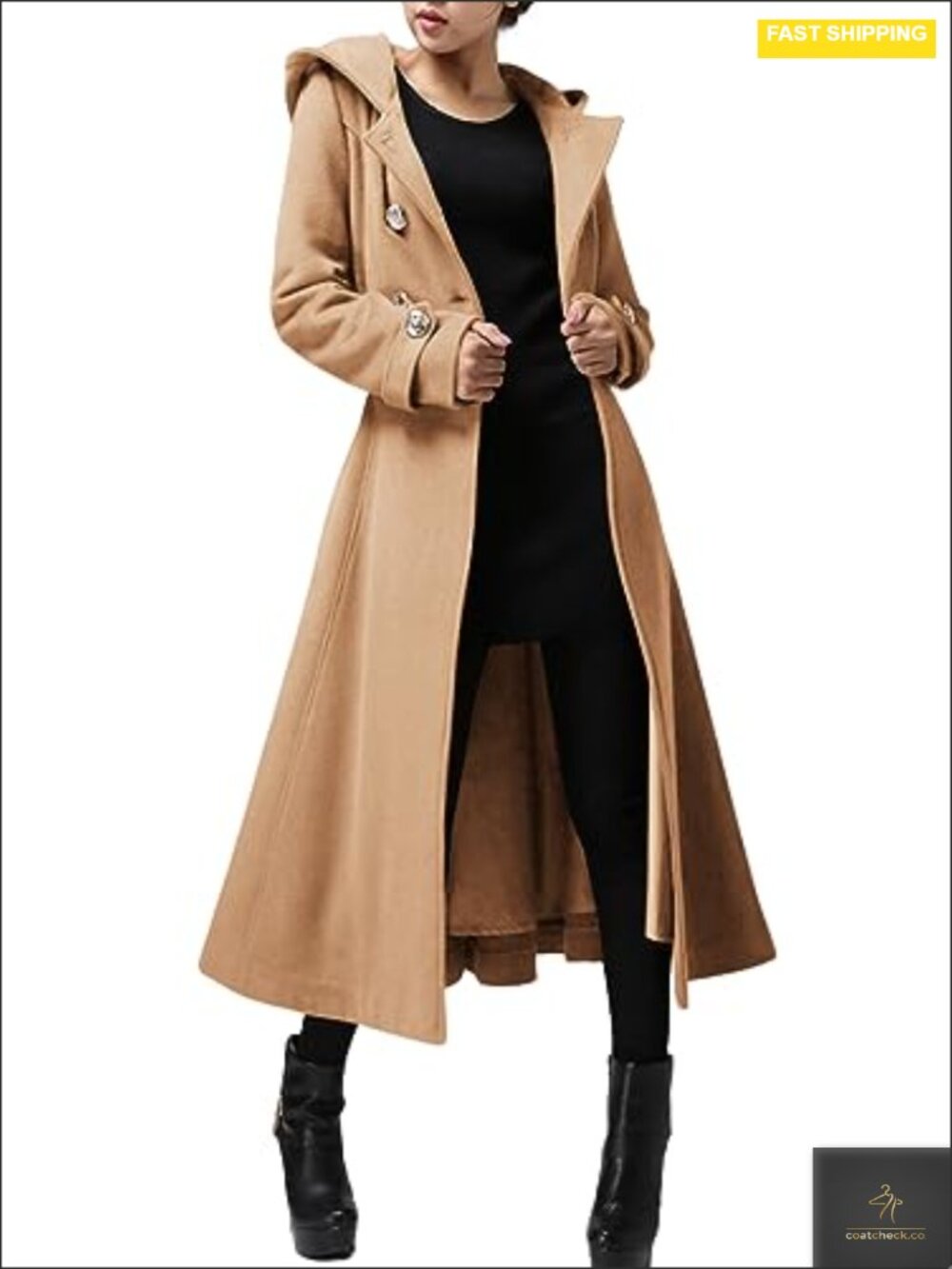 Wool Blend Double-Breasted Hooded Trench Coat Long Winter Warm
